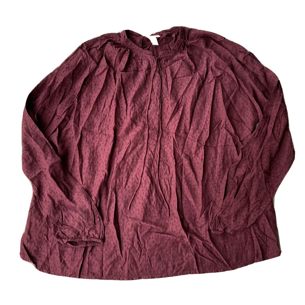A New Day Blouse Sz L Deep Wine Long Sleeve Textured Tassel Tie Dark Academia